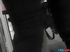 Long-legged brunette shows g-string in candid upskirts