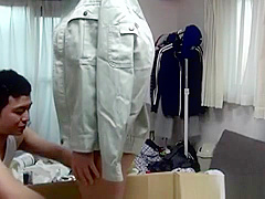Loser unwrapping his busty oriental sex doll