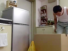 Loser unwrapping his busty oriental sex doll