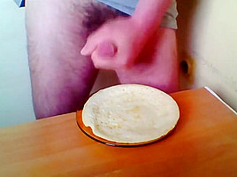 Man eating own cum with food! Hair cock :-)