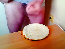 Man eating own cum with food! Hair cock :-)