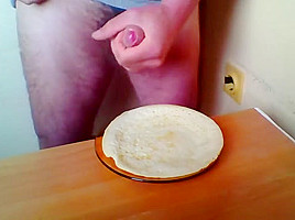 Man eating own cum with food! Hair cock :-)