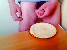 Man eating own cum with food! Hair cock :-)