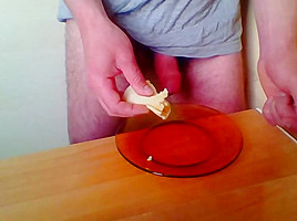 Man eating own cum with food! Hair cock :-)
