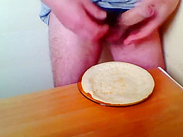 Man eating own cum with food! Hair cock :-)