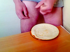 Man eating own cum with food! Hair cock :-)