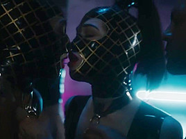 Man with tattoo on the body have arranged for the girls in latex group   