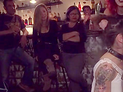 Mistress gangbangs petite sub in public