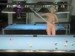 Naked babes play a game of competitive pool