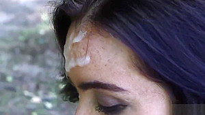 Nasty babe gets sperm shot on her face sucking all the sperm