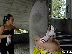 Nude Blond In Strait Jacket In Public