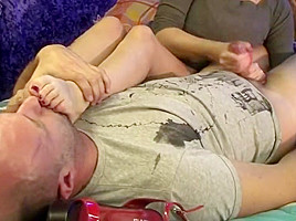 Nylon feet sniffing handjob