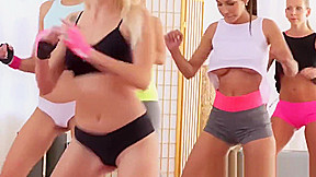 Oiled gym lesbian threesome pussylicking