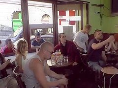 Petite beauty gangbang fucked in cafe