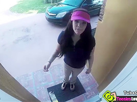 Pizza girl Kimber Woods spreading her legs to welcome a huge hard rock