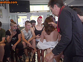 Public deepthroat slut whipped in 3some 4 audience