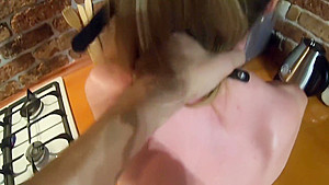 Pussy With Tail Sucks In The Kitchen And Gets A Dick