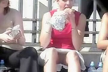 Sexy teen 18+ eating and exposing sexy sitting upskirt