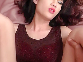 Skinny Ladyboy in Red Bra Sucks her Lovers Cock and Gets Fucked in Bed
