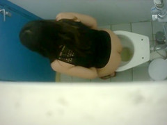 Skinny maids enjoy doing a number three in a public WC