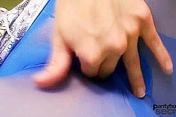 Skinny teen 18+ in blue nylon pantyhose toys herself