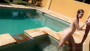 Slender babes get their wet pussies pounded by the pool