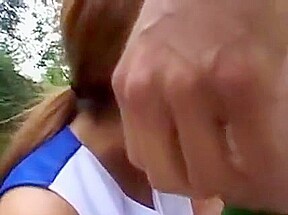 Slutty cheerleader sucks stiff cock poolside