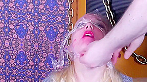 Submissive blond gets degrading face fuck with bowl of cum