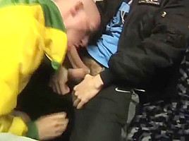 Sucking off his mate dick in public 