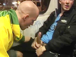 Sucking off his mate dick in public 