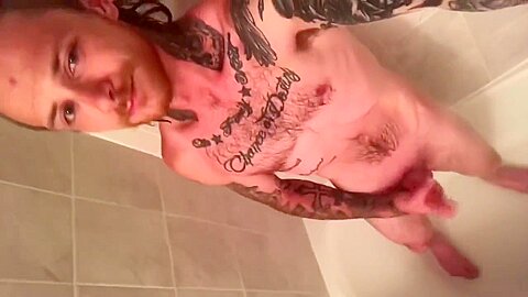 TATTOOED SHOWER JERK OFF BIG CUMSHOT!
