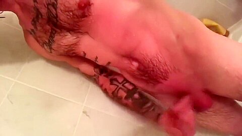 TATTOOED SHOWER JERK OFF BIG CUMSHOT!