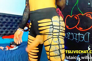 Tattooed Shemale Jerking Cock