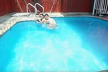 Three guys and one girl fuck in the pool