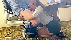Trainee Sucks The Bosses Cock For Her Career Under The Desk In The Office And Swallows His Cum