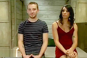 Tranny fucks guy from behind over the desk