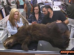 Two bisexual babes get fucked in a pawnshop for money