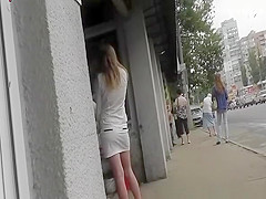 Upskirt entering and leaving the bus