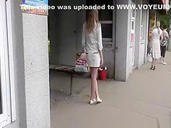 Upskirt entering and leaving the bus