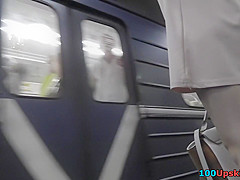 Upskirt porn with amateur brunette in a public place