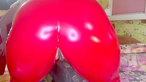 Workout And Pissing In Red Latex Catsuit