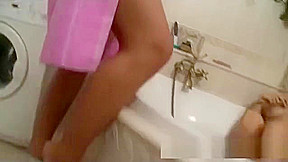 bathroom lesbian dildo fun