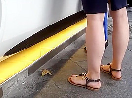 girl sexy long feets red pedicured toes
